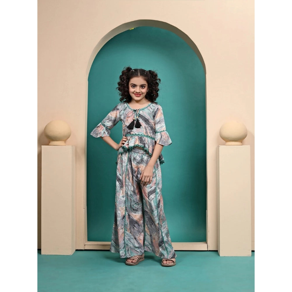 Multicolor maslin printed girls' top & plazzo set, half sleeve round neck style for vibrant fashion