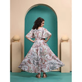 Multi-colored Maslin printed maxi length dress for girls, half sleeve with round neck design