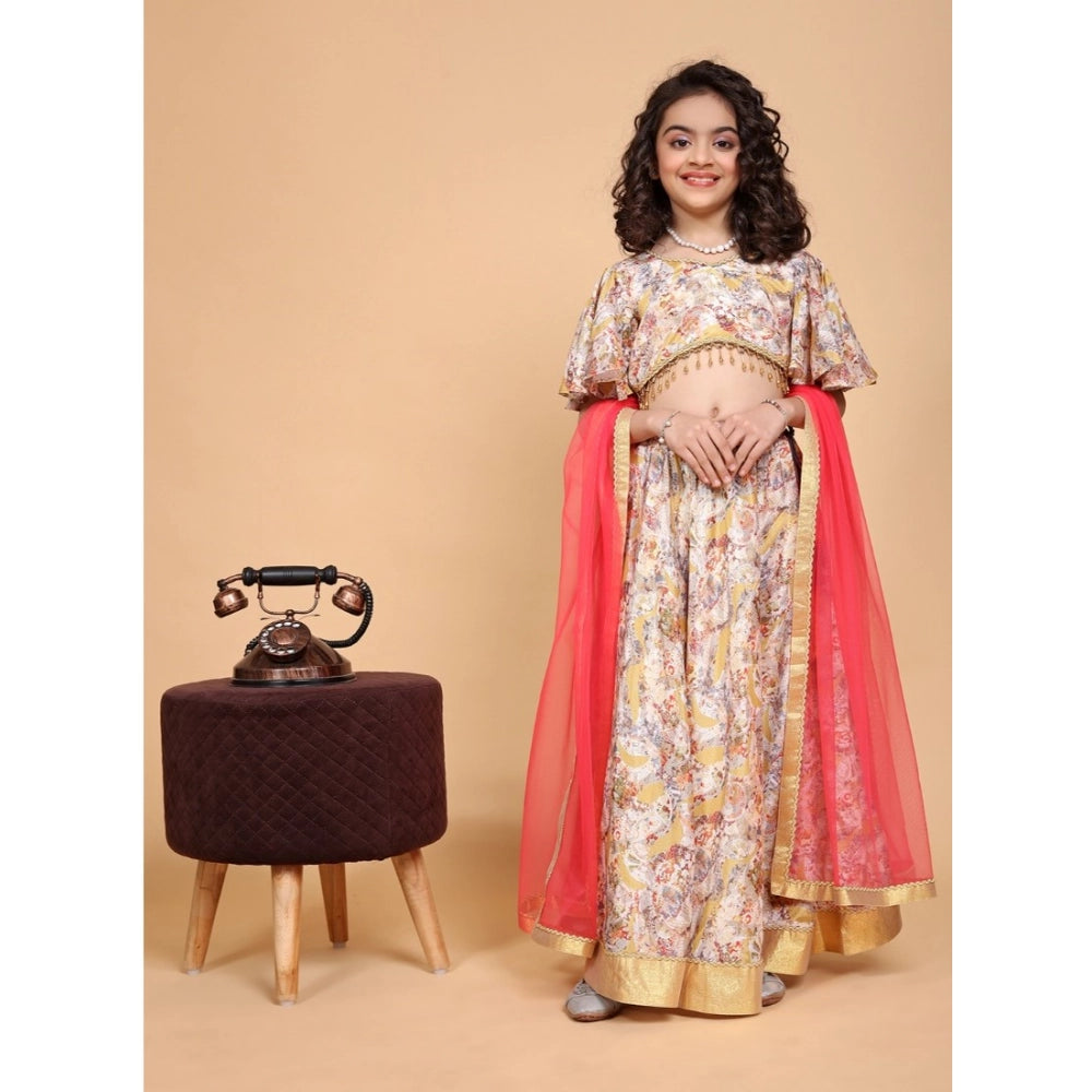 Beige chiffon printed lehenga choli set for girls, half sleeve v-neck traditional Indian outfit