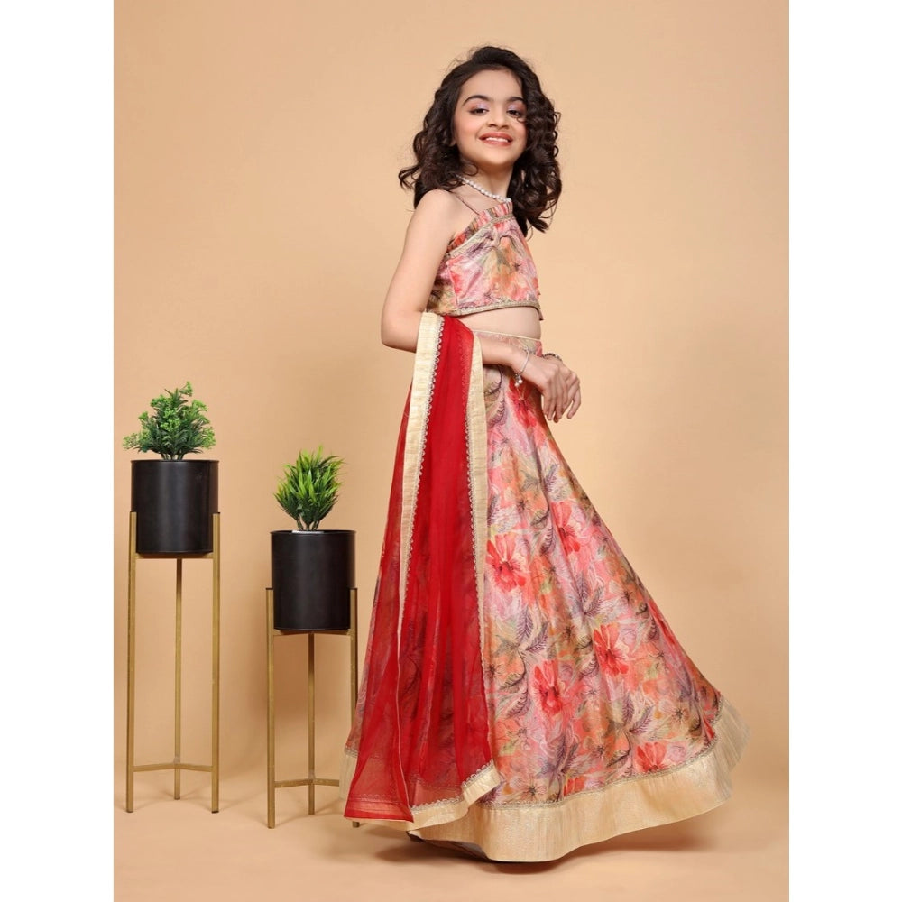 Peach chiffon printed lehenga choli set for girls, sleeveless off-shoulder design