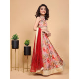 Peach chiffon printed lehenga choli set for girls, sleeveless off-shoulder design