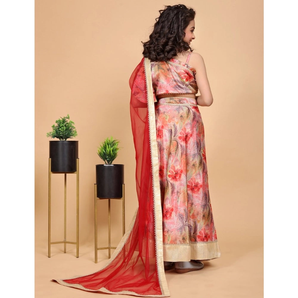 Peach chiffon printed lehenga choli set for girls, sleeveless off-shoulder design with vibrant pattern