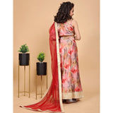 Peach chiffon printed lehenga choli set for girls, sleeveless off-shoulder design with vibrant pattern