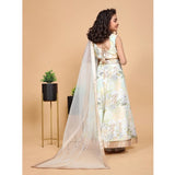 Green chiffon printed lehenga choli set, sleeveless with round neck, traditional Indian attire for girls