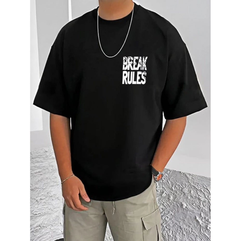 Black cotton blend men's casual t-shirt with printed design, half sleeve style