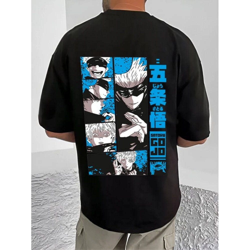 Men's Casual Cotton Blend Printed Round Neck Half Sleeve T-Shirt (Black)