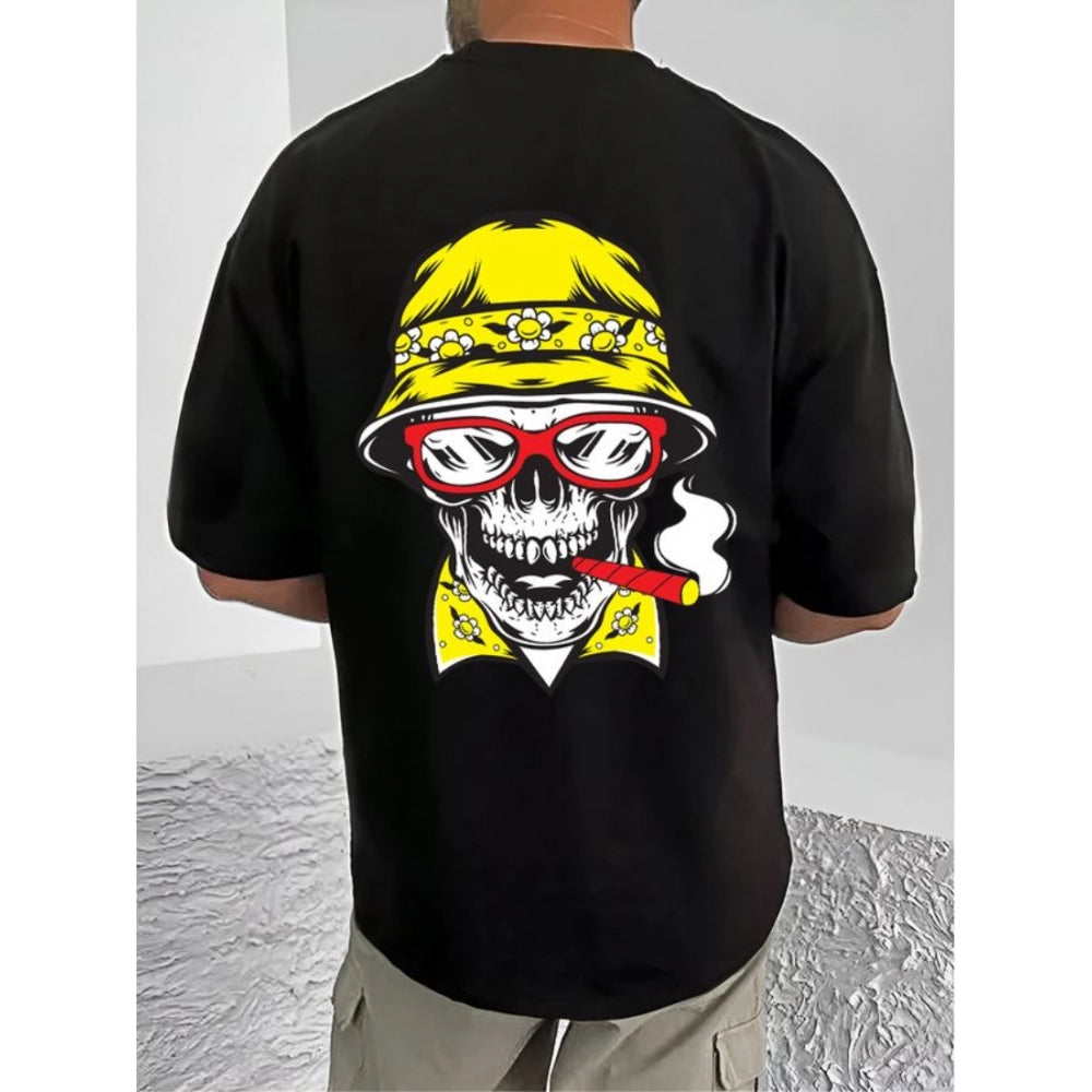 Black cotton blend men's casual printed round neck t-shirt with half sleeves (patterned)