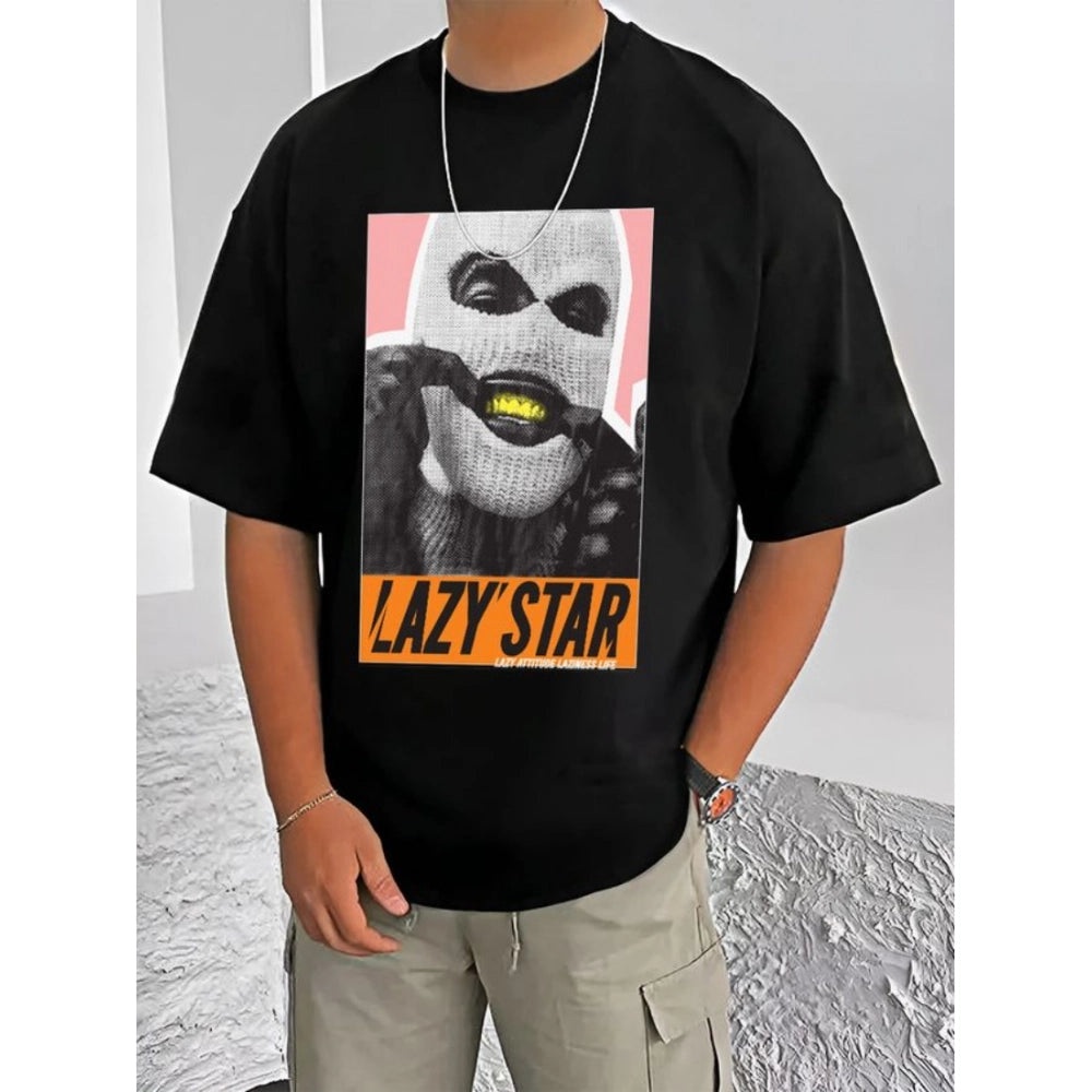 Black cotton blend men's casual printed round neck half sleeve t-shirt
