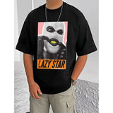 Black cotton blend men's casual printed round neck half sleeve t-shirt