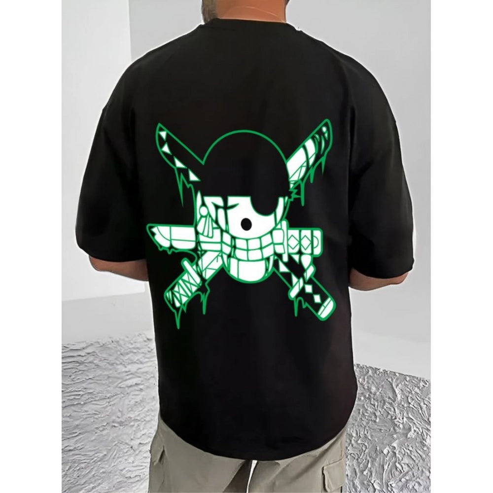 Black cotton blend men's casual printed round neck half sleeve t-shirt with vibrant pattern detail