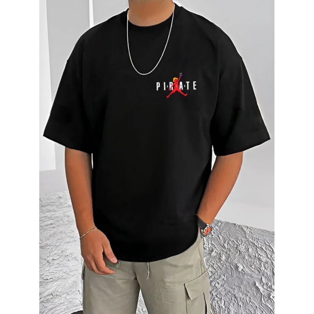 Black cotton blend men's casual t-shirt with printed design, half sleeve style