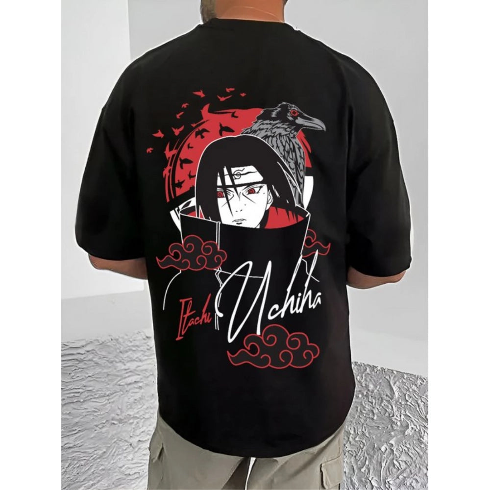 Black cotton blend men's casual t-shirt with printed round neck and half sleeves