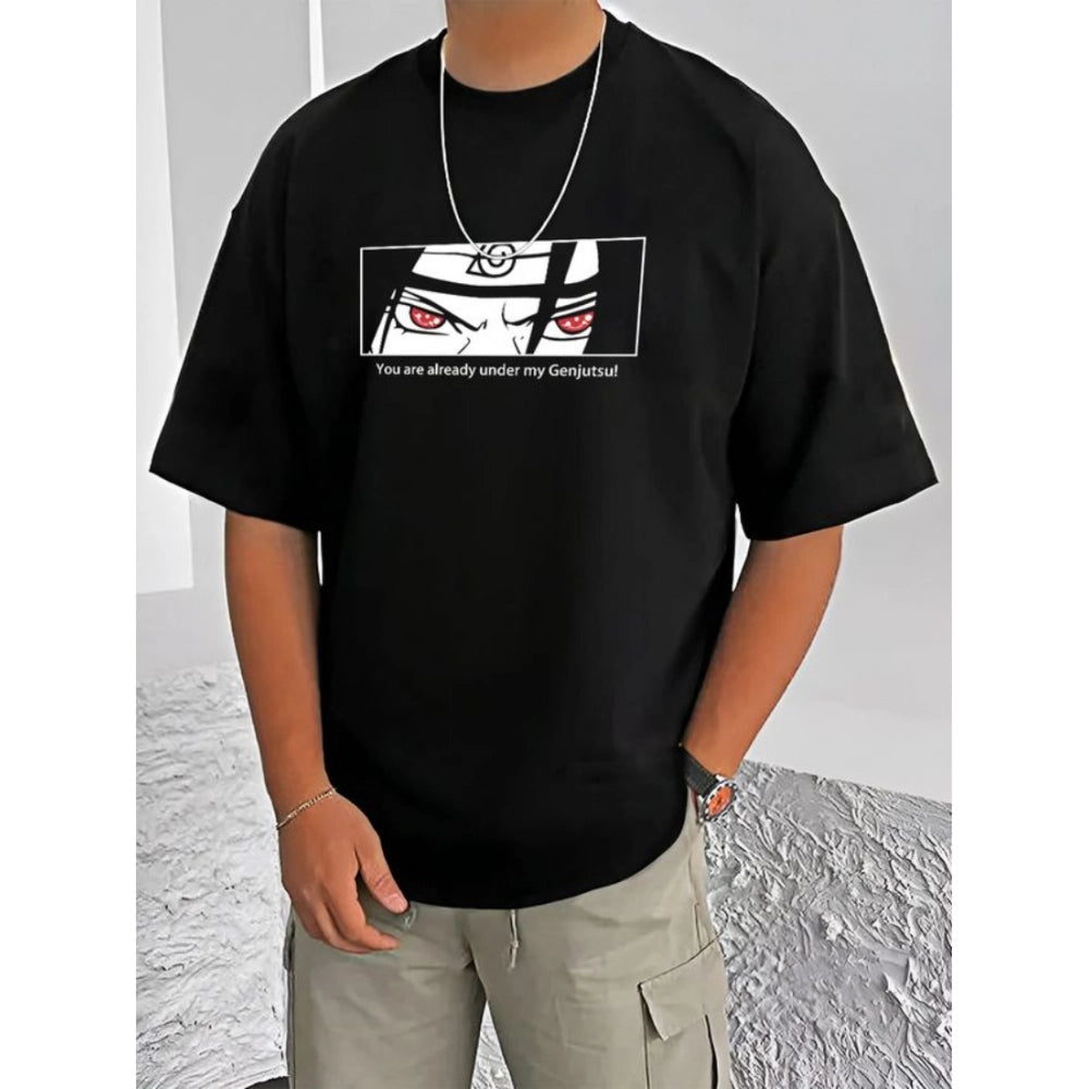 Black cotton blend men's casual t-shirt with printed round neck and half sleeves