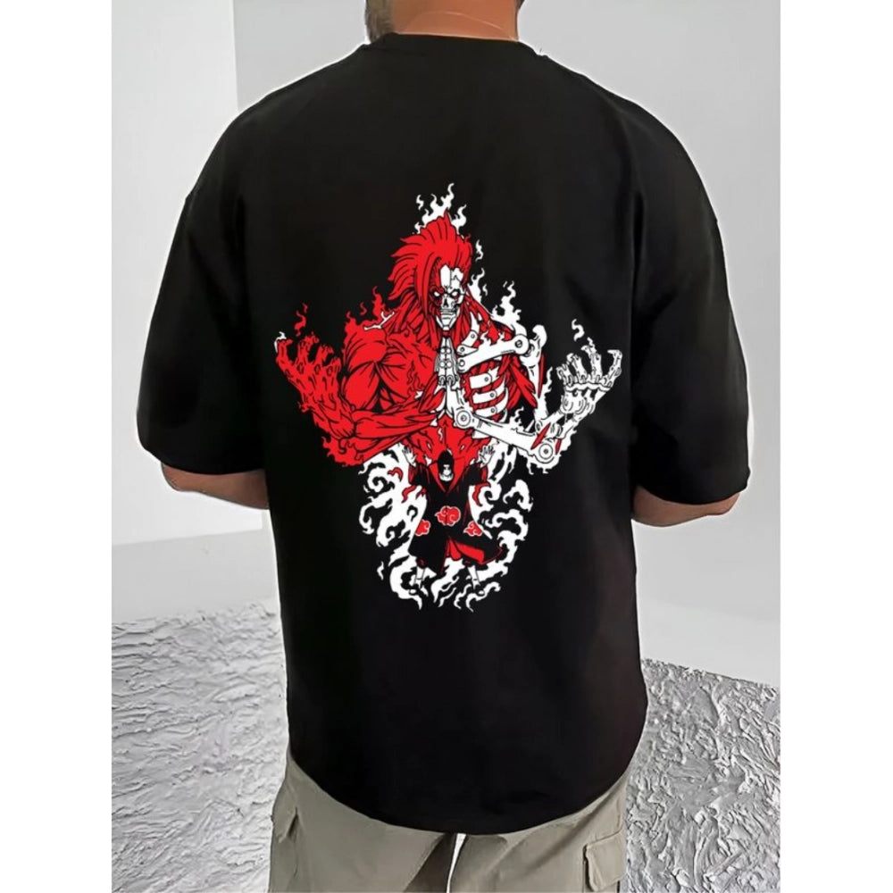 Black cotton blend men's t-shirt with printed design, half sleeve round neck
