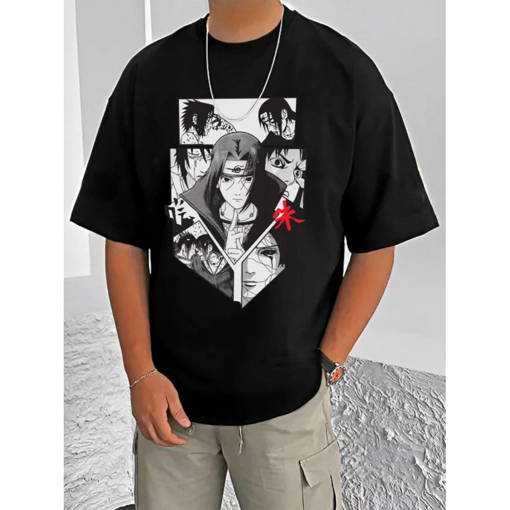 Black cotton blend men's casual t-shirt with printed round neck, half sleeve design