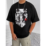 Black cotton blend men's casual t-shirt with printed round neck, half sleeve design