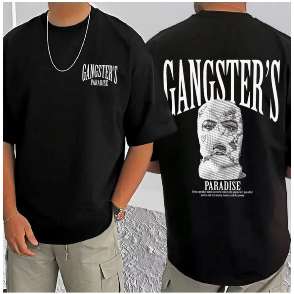 Black cotton blend men's casual tee with printed design, round neck and half sleeves