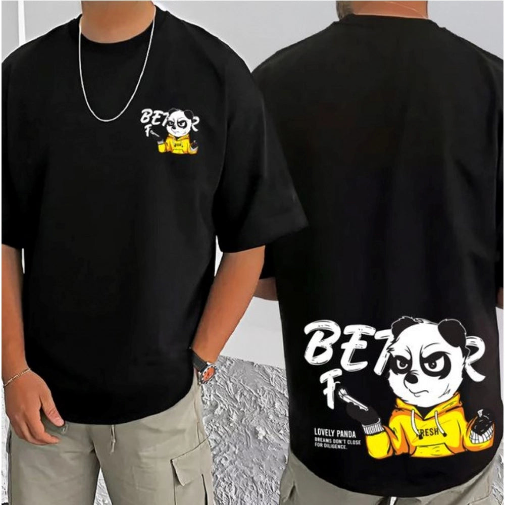 Black cotton blend men's t-shirt with printed design, half sleeve style on mannequin