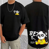 Black cotton blend men's t-shirt with printed design, half sleeve style on mannequin