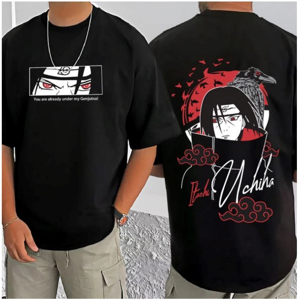 Black cotton blend men's t-shirt with printed design, half sleeve & round neck