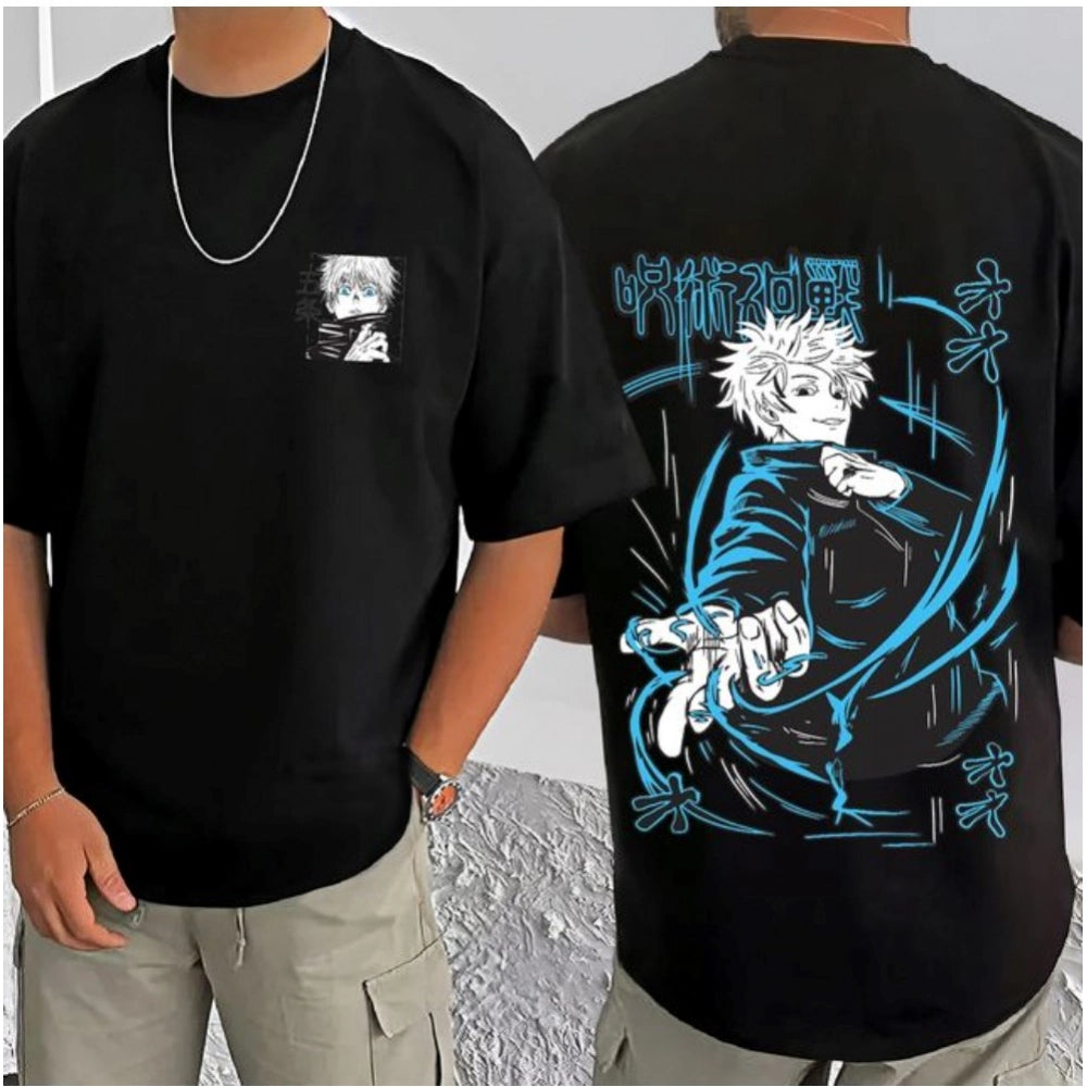 Black cotton blend men's t-shirt with printed design, round neck and half sleeves