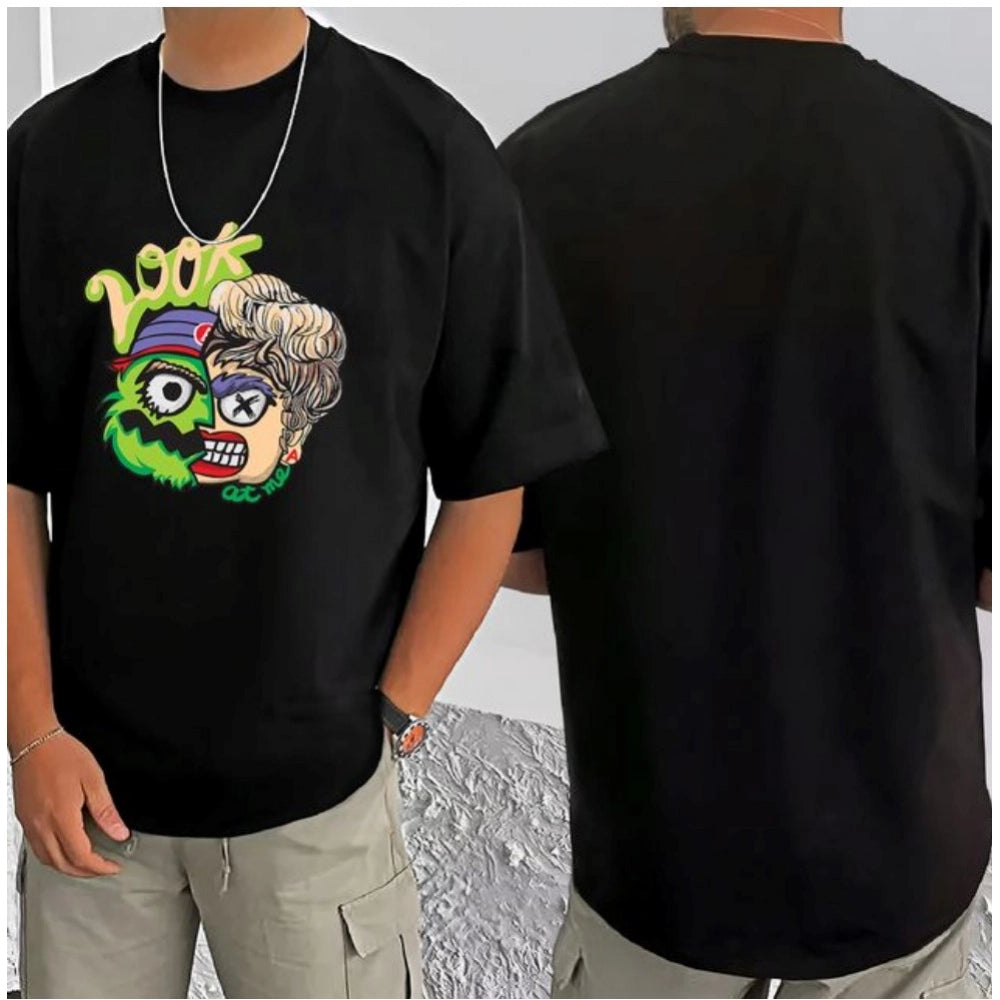 Black cotton blend men's casual t-shirt with printed round neck and half sleeves