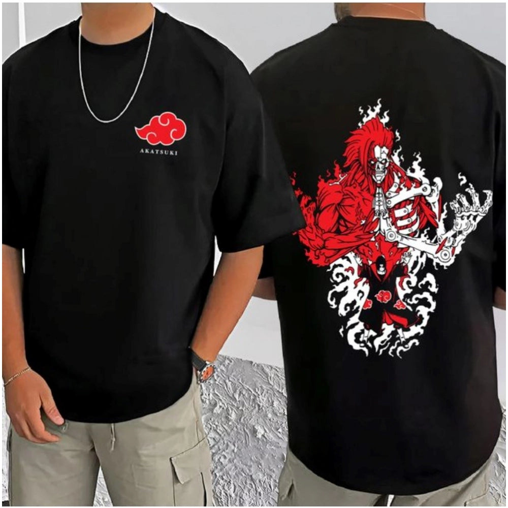 Black cotton blend men's casual printed round neck half sleeve t-shirt, vibrant pattern detail
