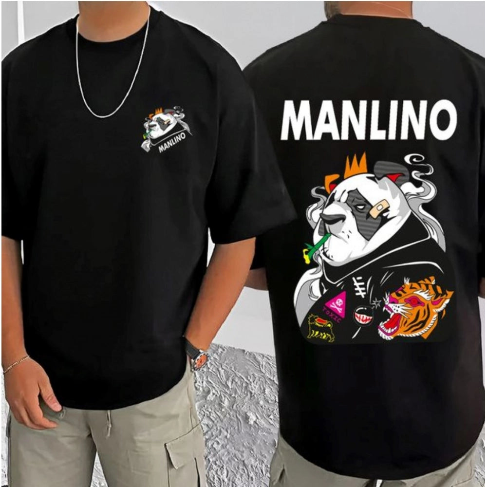 Black cotton blend men's casual printed round neck half sleeve t-shirt with vibrant design