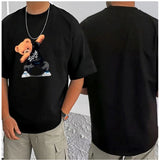 Black cotton blend men's casual printed round neck half sleeve t-shirt with vibrant design