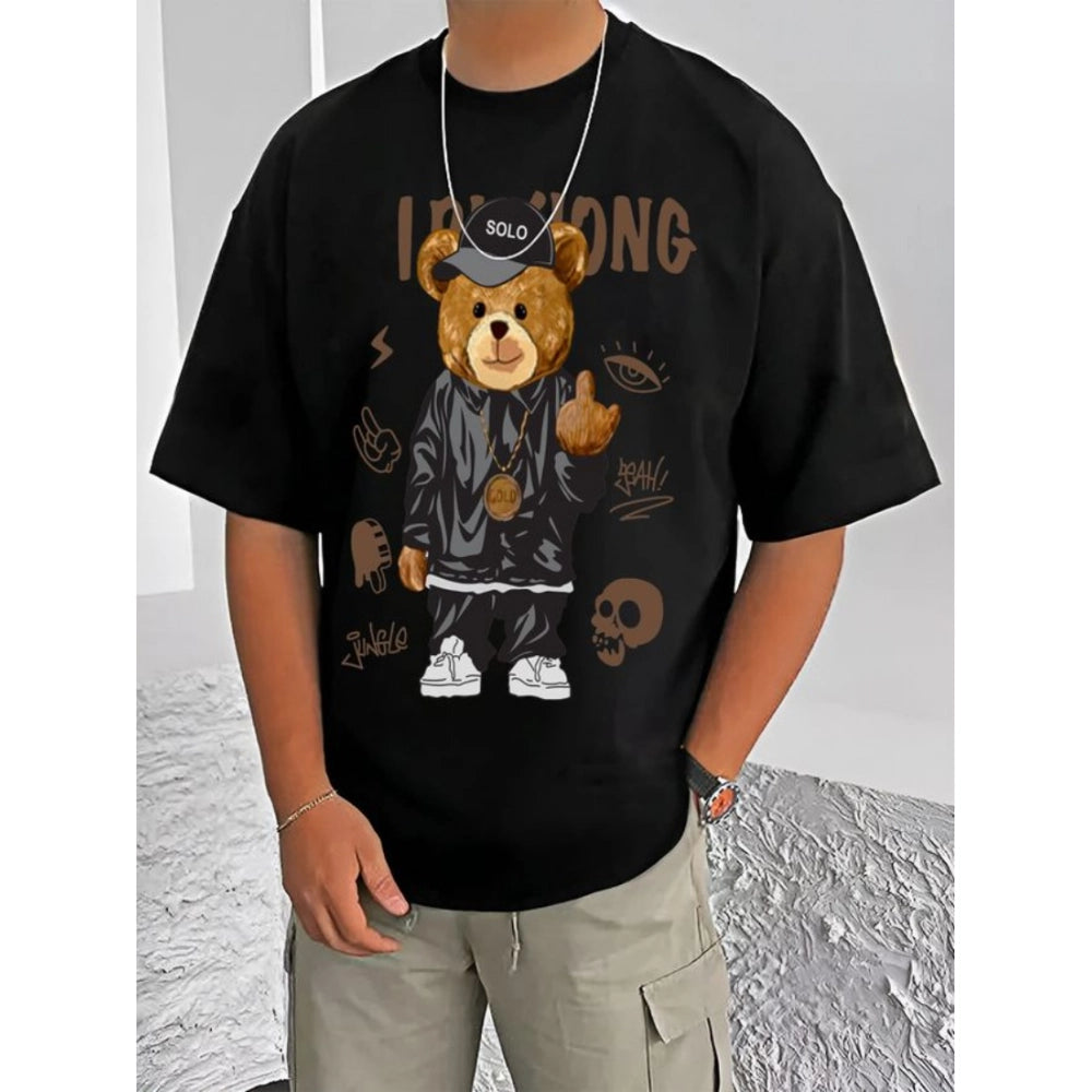 Black cotton blend men's casual t-shirt with printed design, half sleeve and round neck