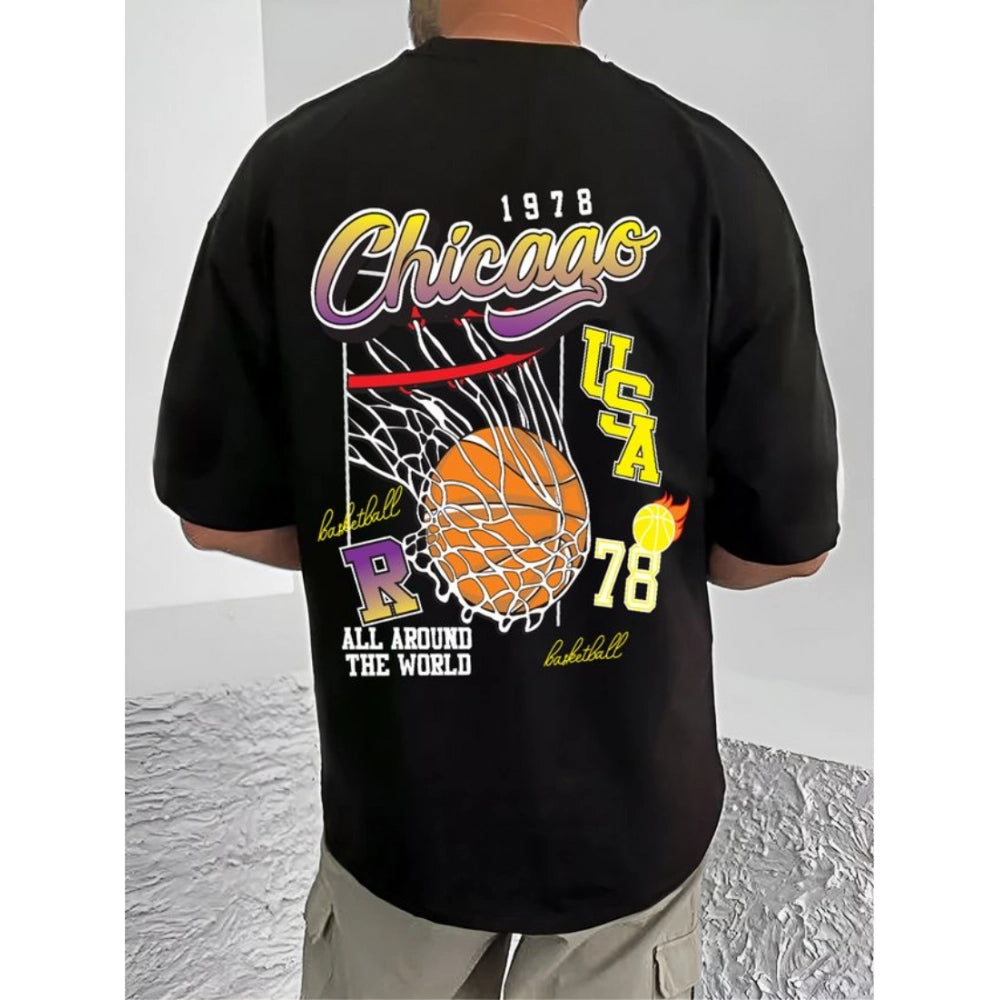 Black cotton blend men's t-shirt with printed design, half sleeve style