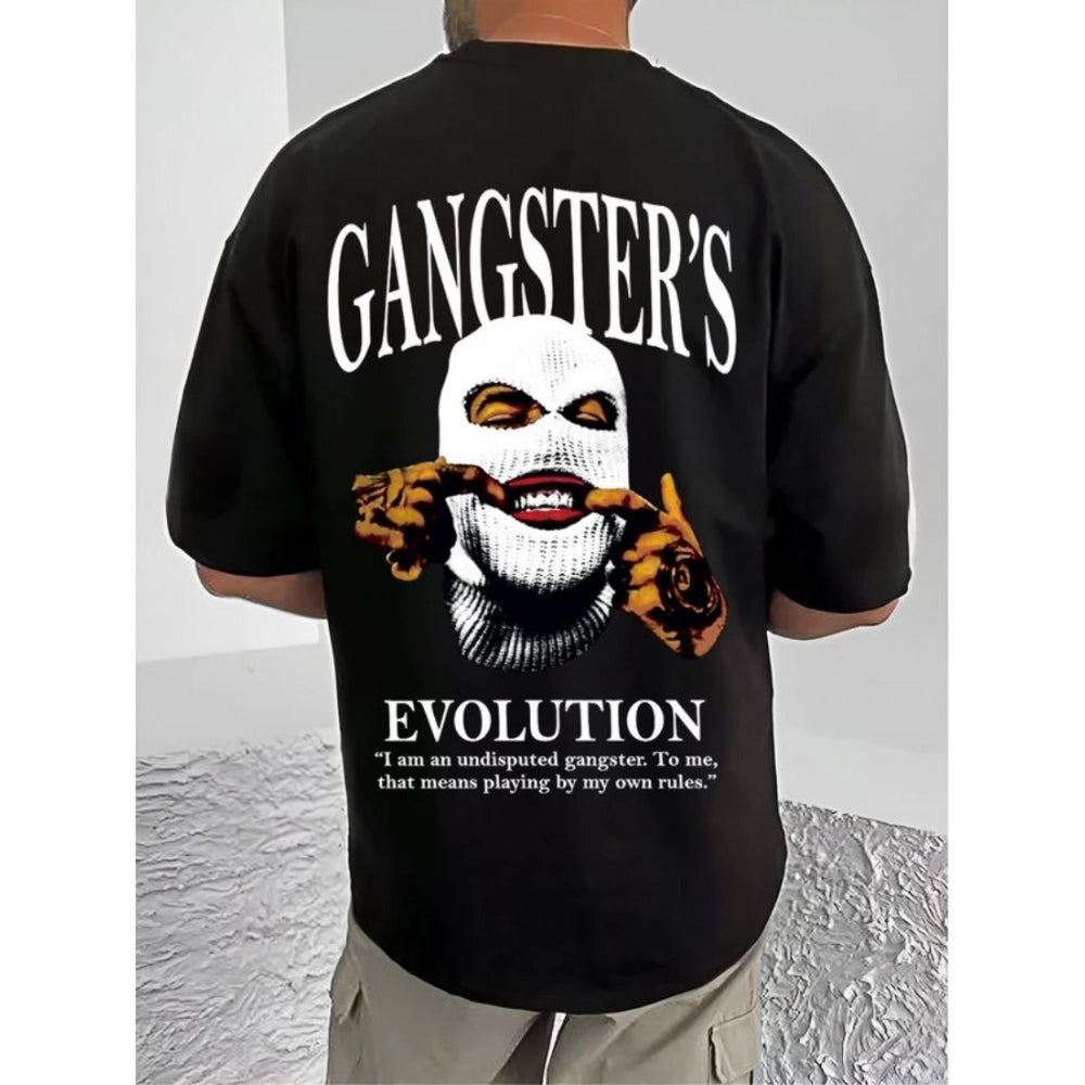 Black cotton blend men's t-shirt with printed round neck and half sleeves