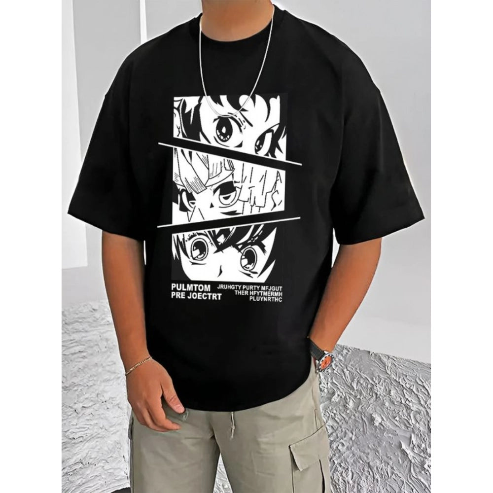 Black cotton blend men's casual t-shirt with printed design, half sleeve style