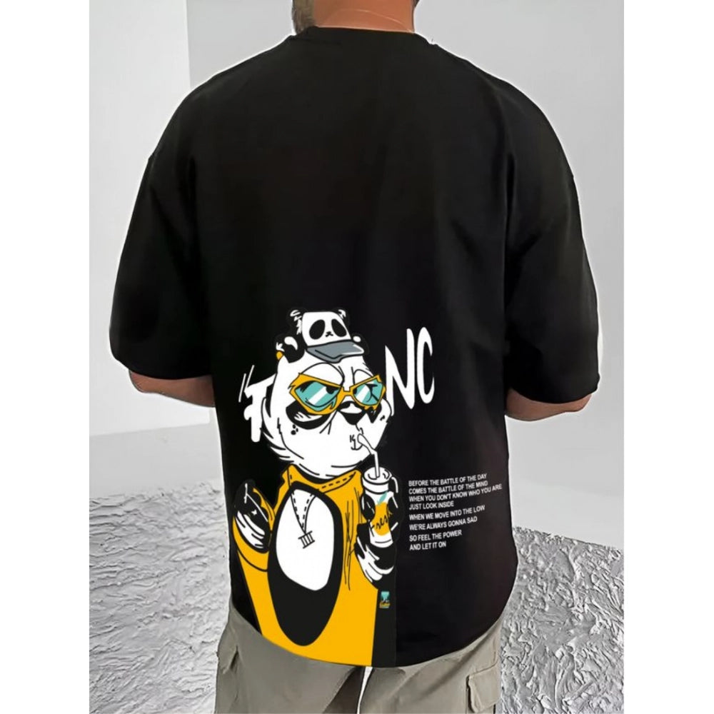 Black cotton blend men's casual t-shirt with printed design, half sleeve style