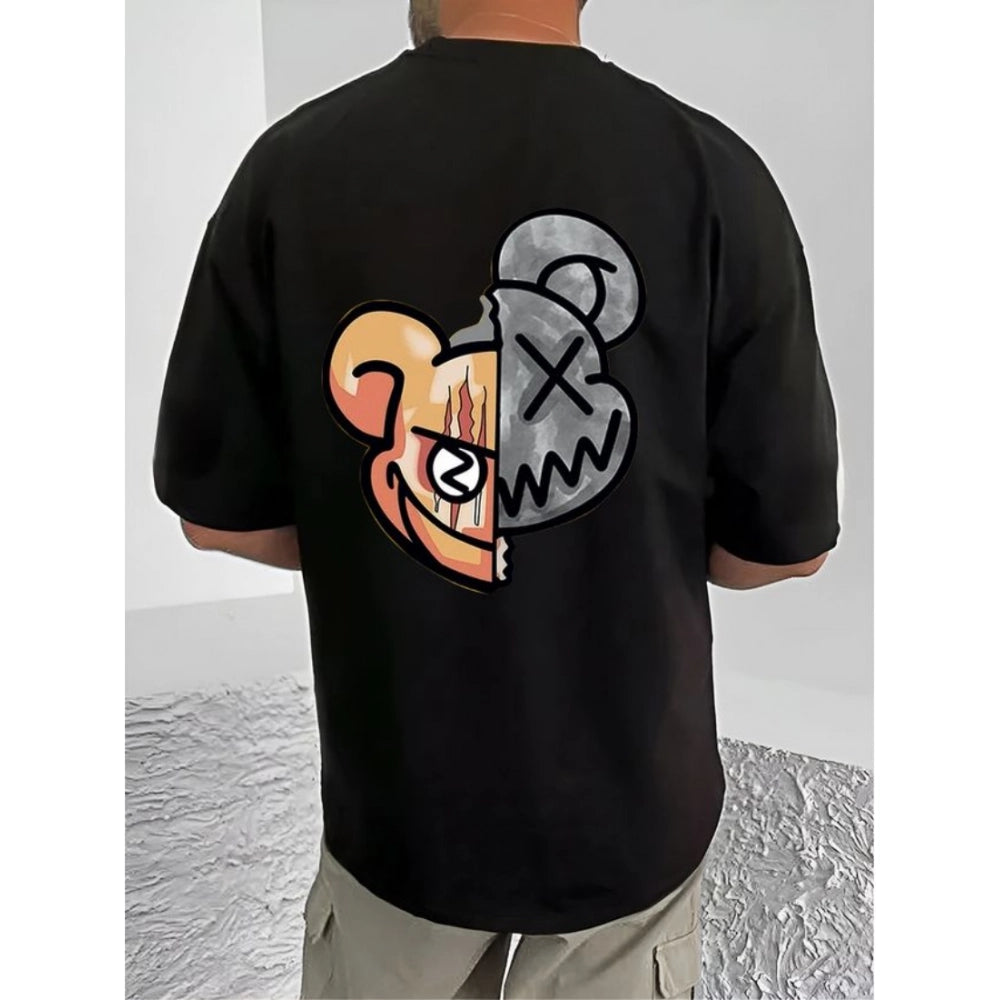 Black cotton blend men's casual t-shirt with printed round neck and half sleeves, vibrant design visible