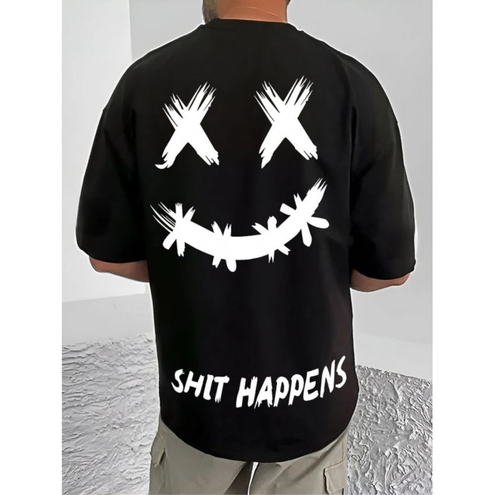 Black cotton blend men's printed round neck half sleeve t-shirt with casual style