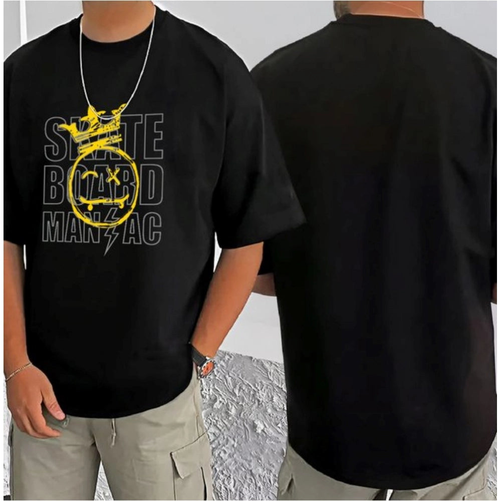 Men's Casual Cotton Blend Printed Round Neck Half Sleeve T-Shirt (Black)