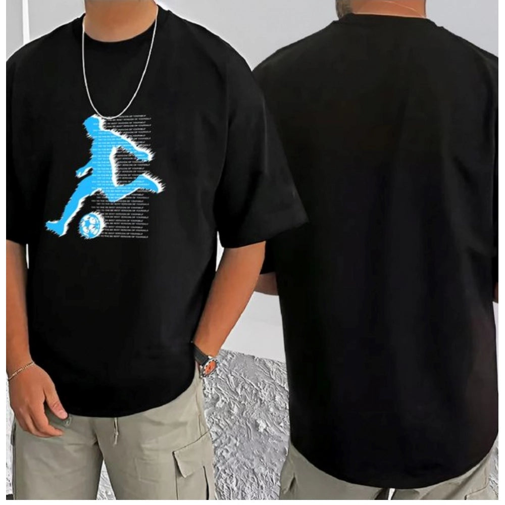 Black cotton blend men's casual t-shirt with printed round neck and half sleeves