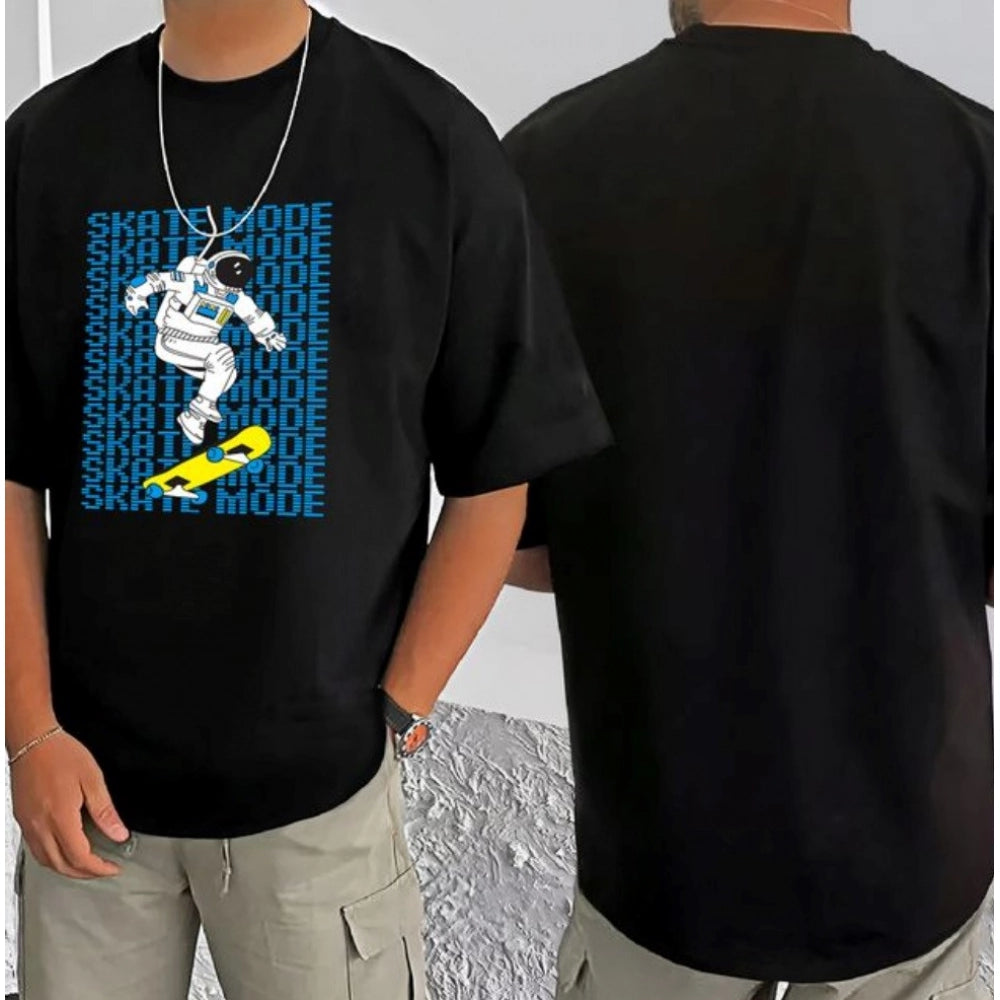 Black cotton blend men's casual t-shirt with printed design (round neck, half sleeves)