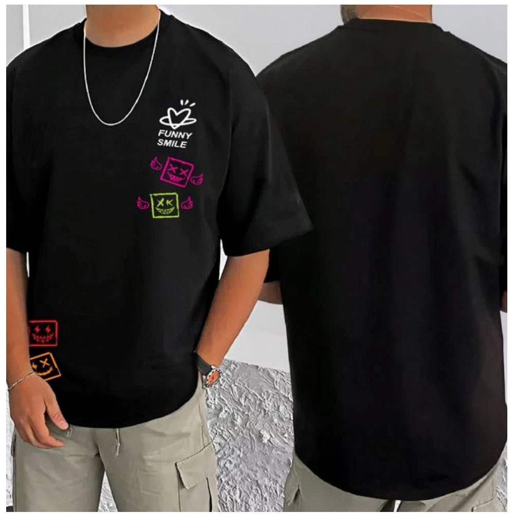 Black cotton blend men's casual printed round neck half sleeve t-shirt (patterned)