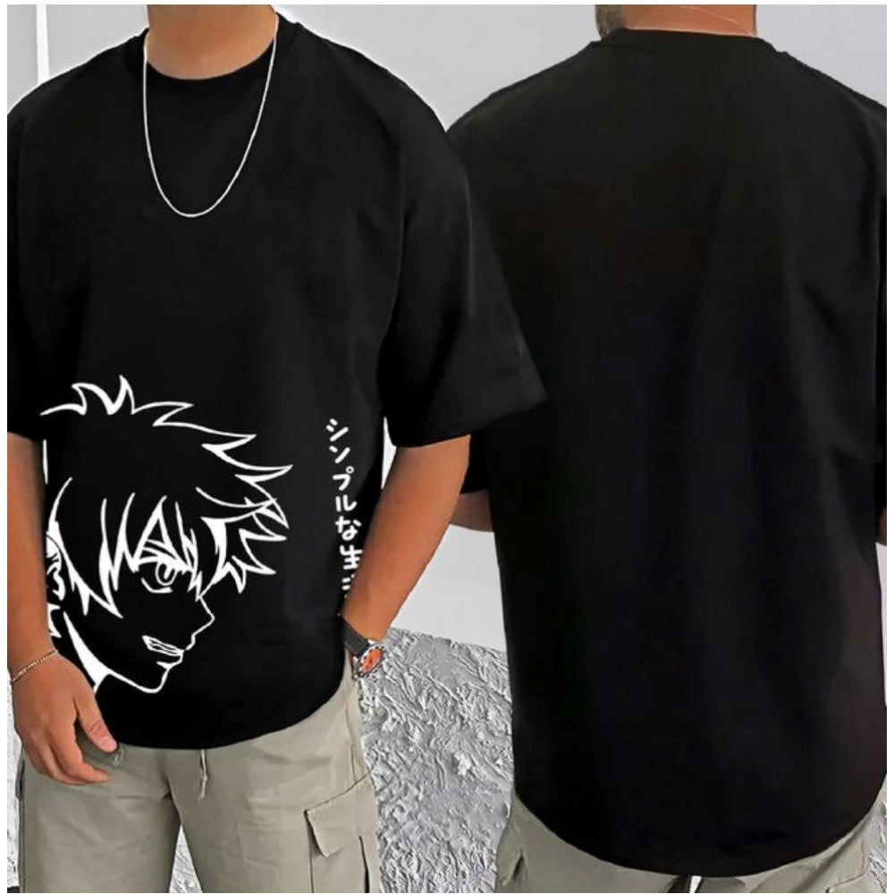 Black cotton blend men's casual printed round neck half sleeve t-shirt - clothing accessory on model