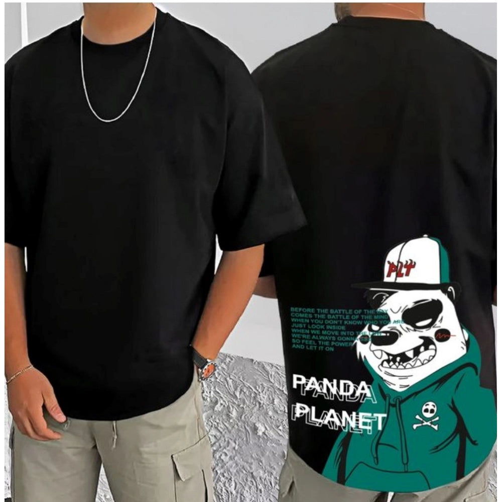 Men's Casual Cotton Blend Printed Round Neck Half Sleeve T-Shirt (Black)