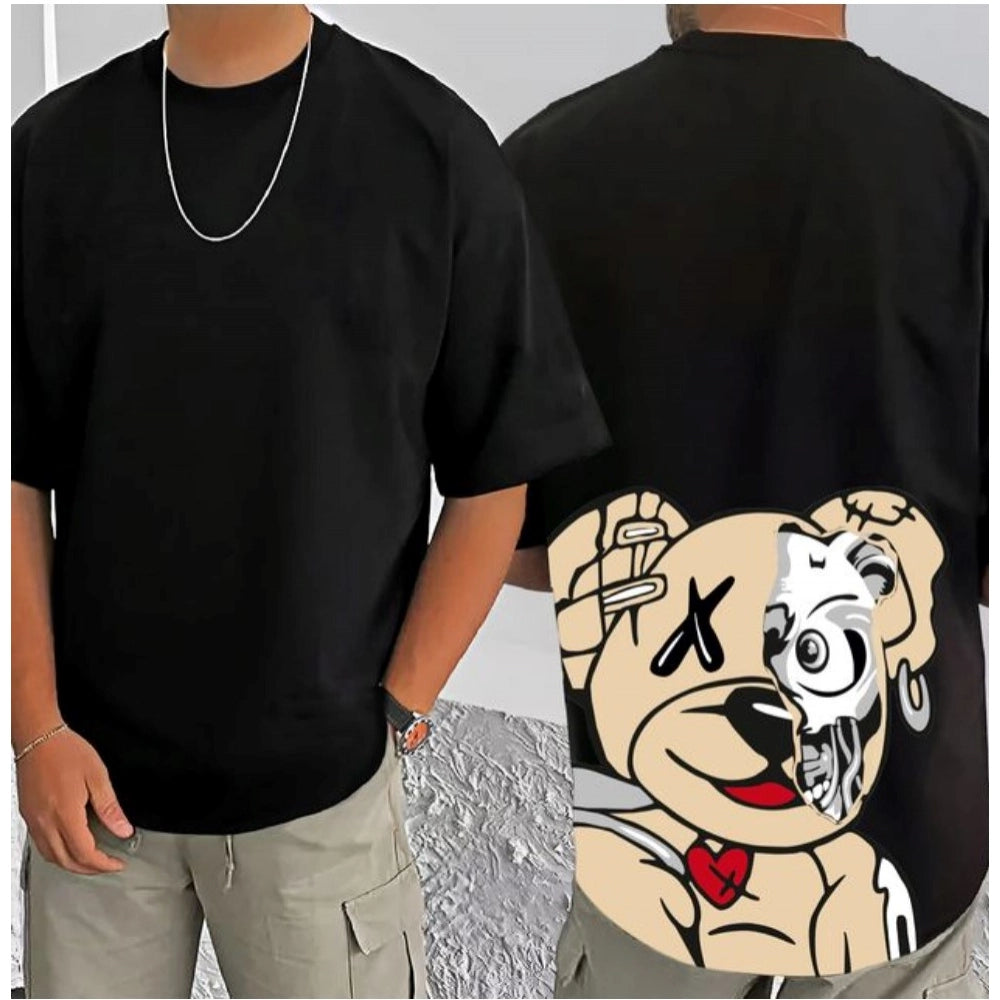 Black cotton blend men's casual printed round neck t-shirt with half sleeves