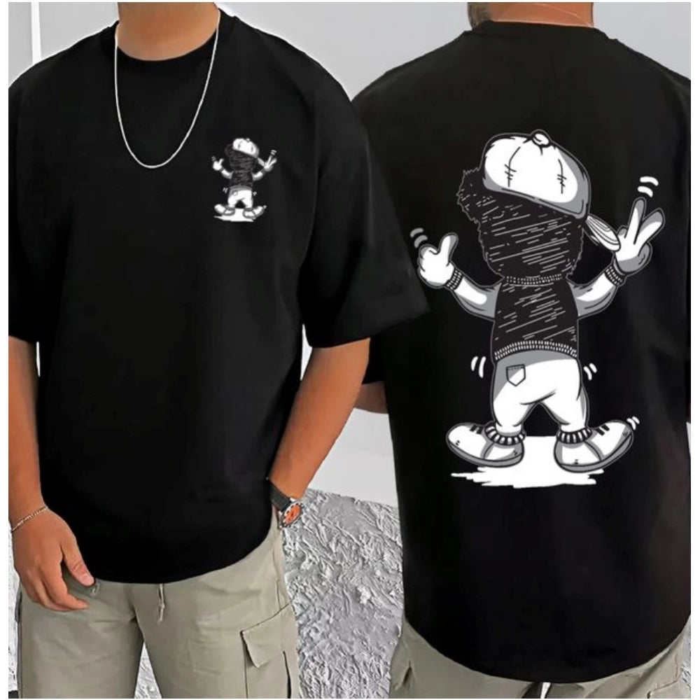 Black cotton blend men's casual t-shirt with printed round neck and half sleeves