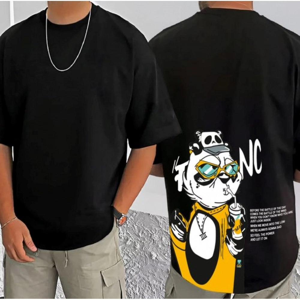 Black cotton blend men's t-shirt with printed round neck half sleeve, casual wear on hanger