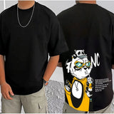 Black cotton blend men's t-shirt with printed round neck half sleeve, casual wear on hanger