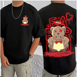 Black cotton blend men's casual t-shirt with printed round neck and half sleeves