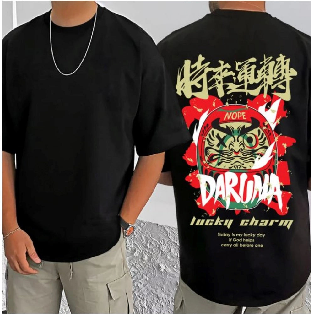 Black cotton blend men's casual printed round neck half sleeve t-shirt with vibrant pattern