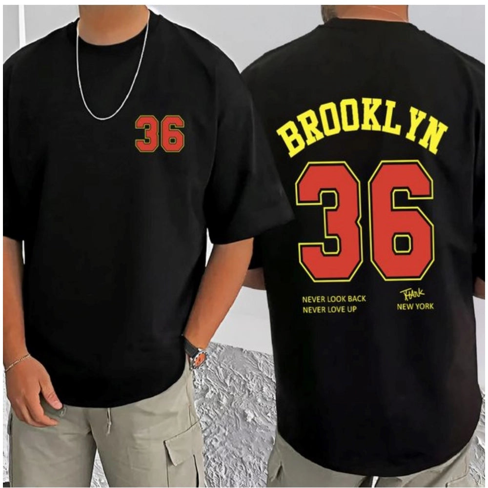 Black cotton blend men's casual t-shirt with printed round neck and half sleeves