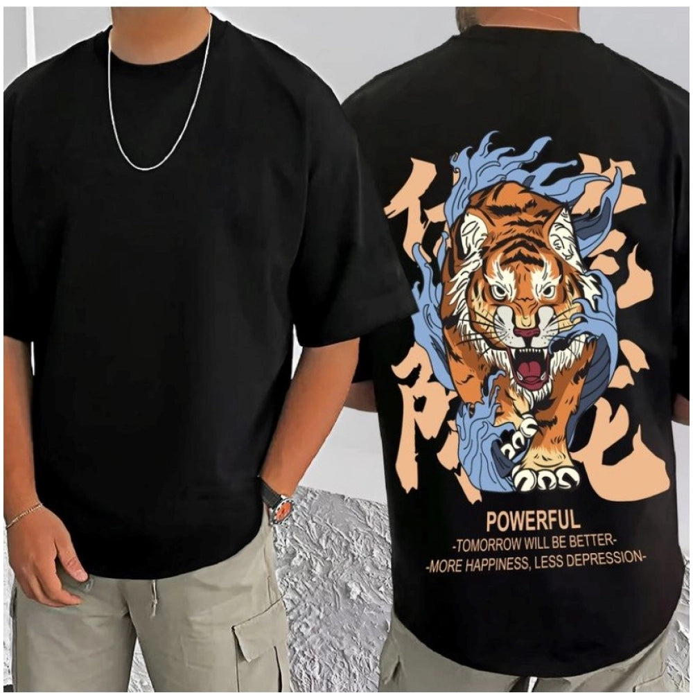 Men's Casual Cotton Blend Printed Round Neck Half Sleeve T-Shirt (Black)